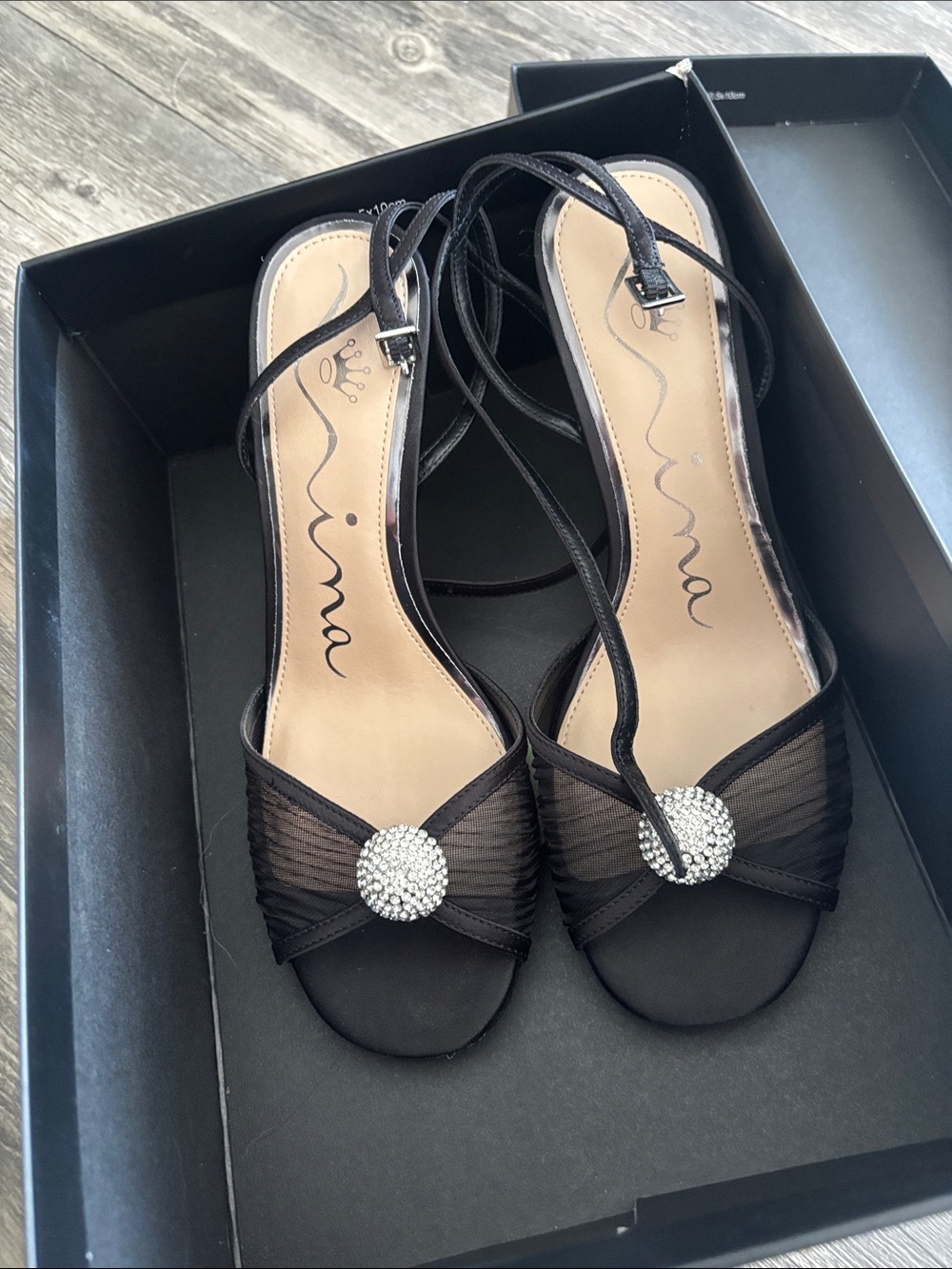Nina Black Rhinestone Circle Accent Ankle-Tie Sandals